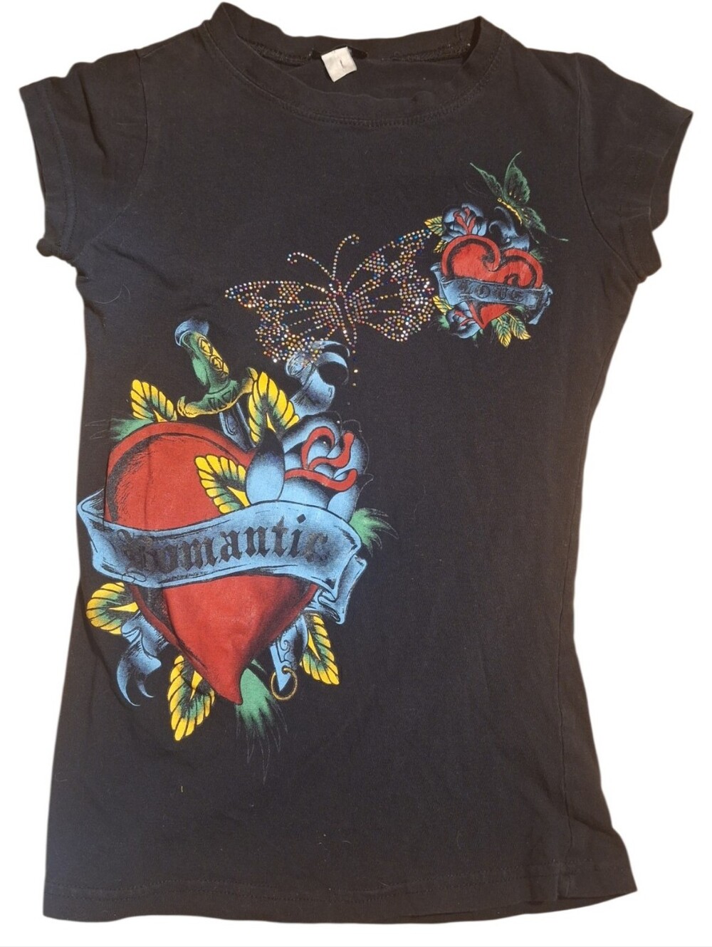 Vintage Y2K Black Double-Sided Baby Tee Rhinestone Heart & Dagger Tattoo 90s